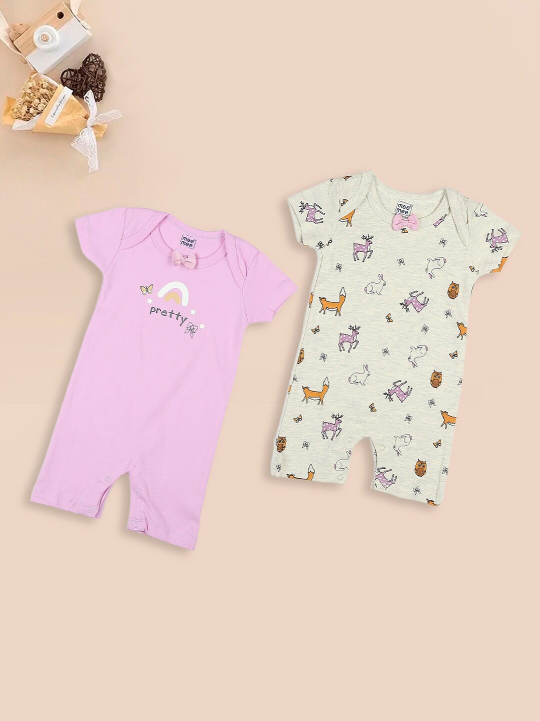 

MeeMee Infant Girls Pack Of 2 Printed Cotton Rompers, Beige