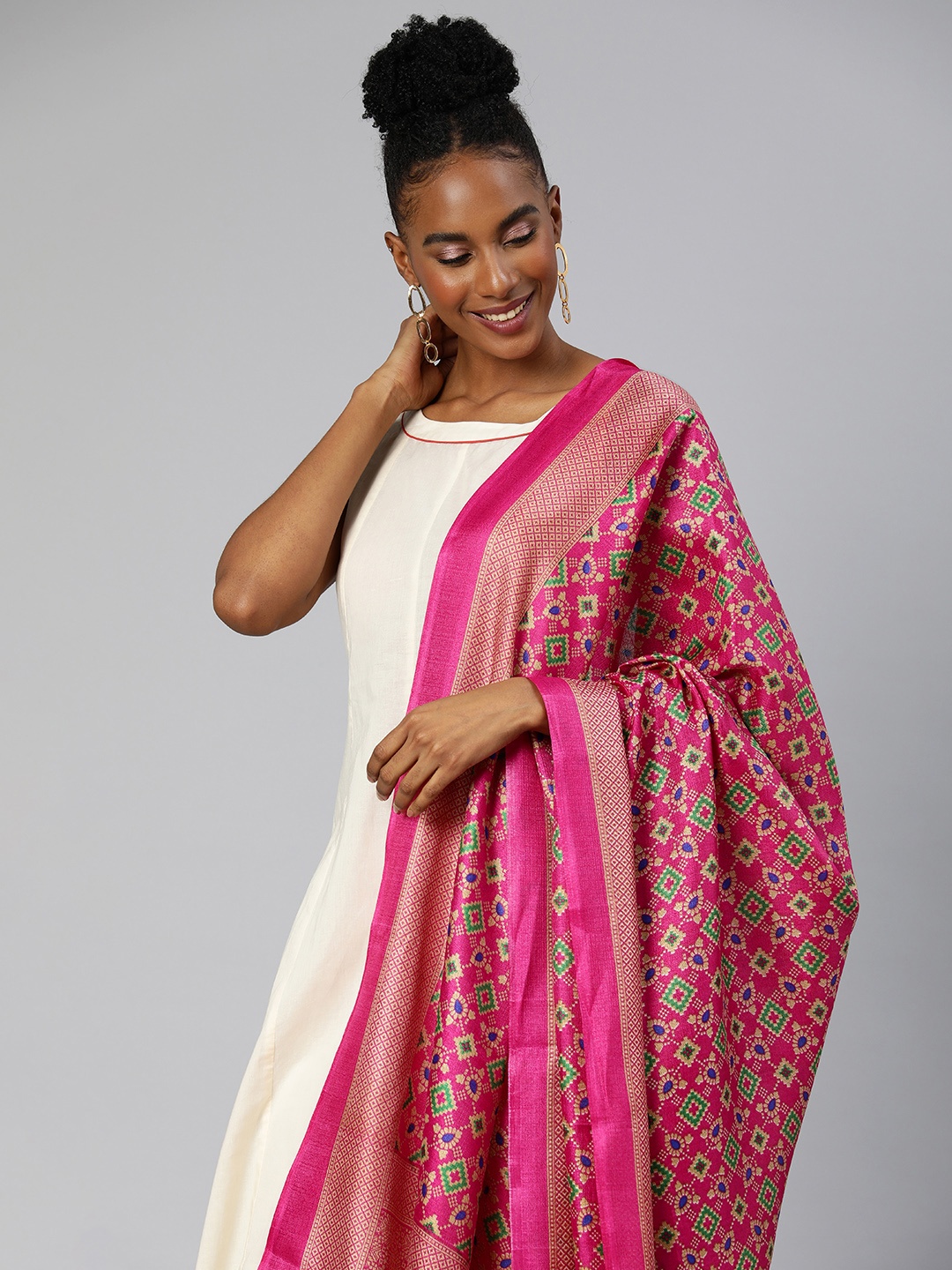 

Rani Saahiba Ethnic Motifs Printed Art Silk Ikat Dupatta, Pink