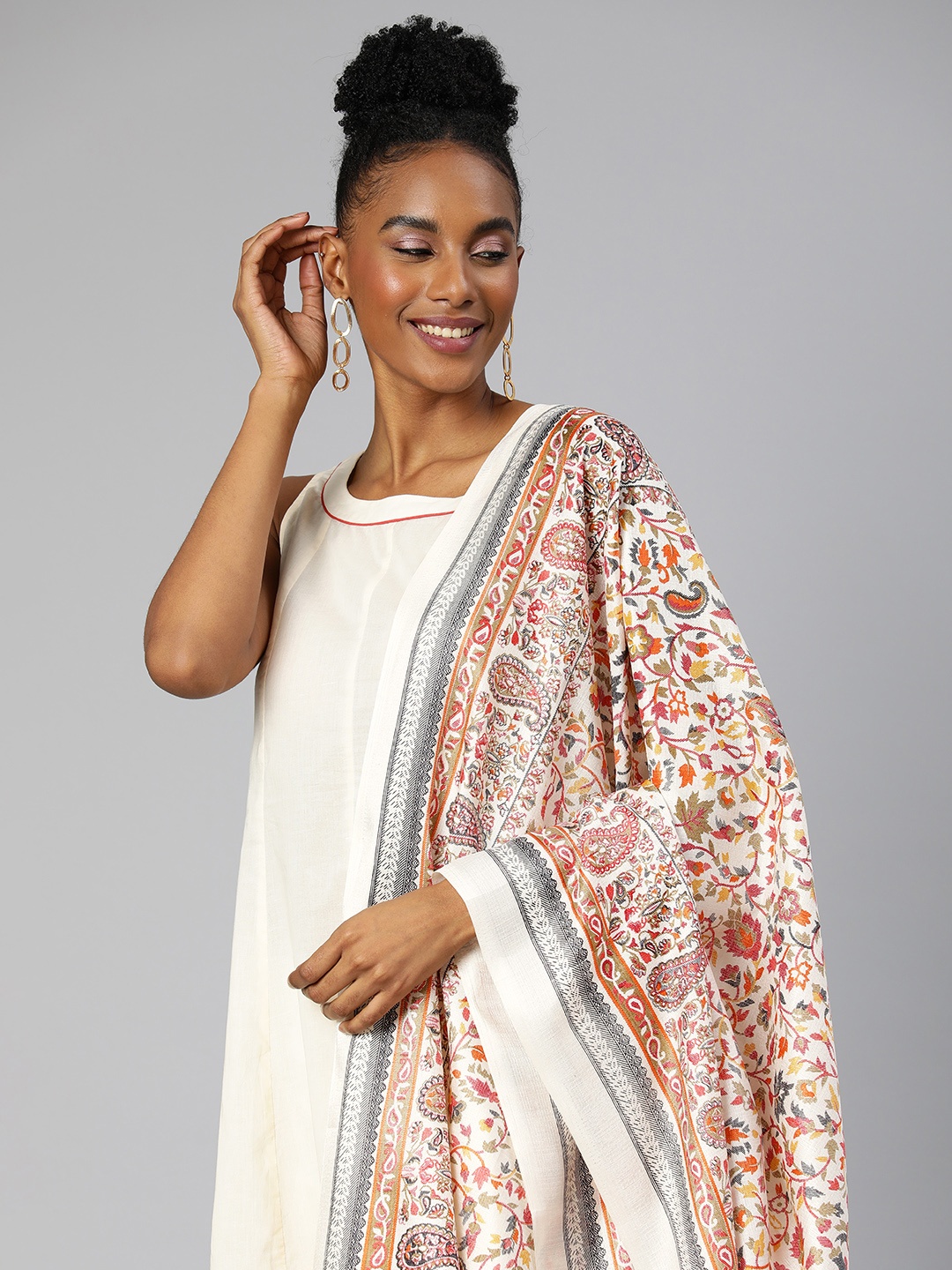 

Rani Saahiba Ethnic Motifs Printed Art Silk Dupatta, Cream