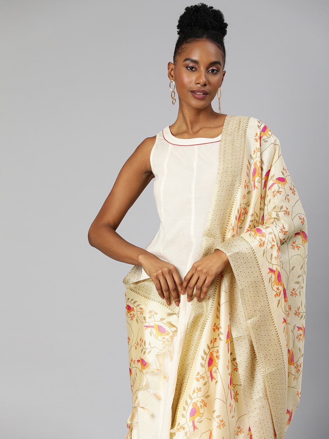 

Rani Saahiba Printed Art Silk Dupatta, Beige
