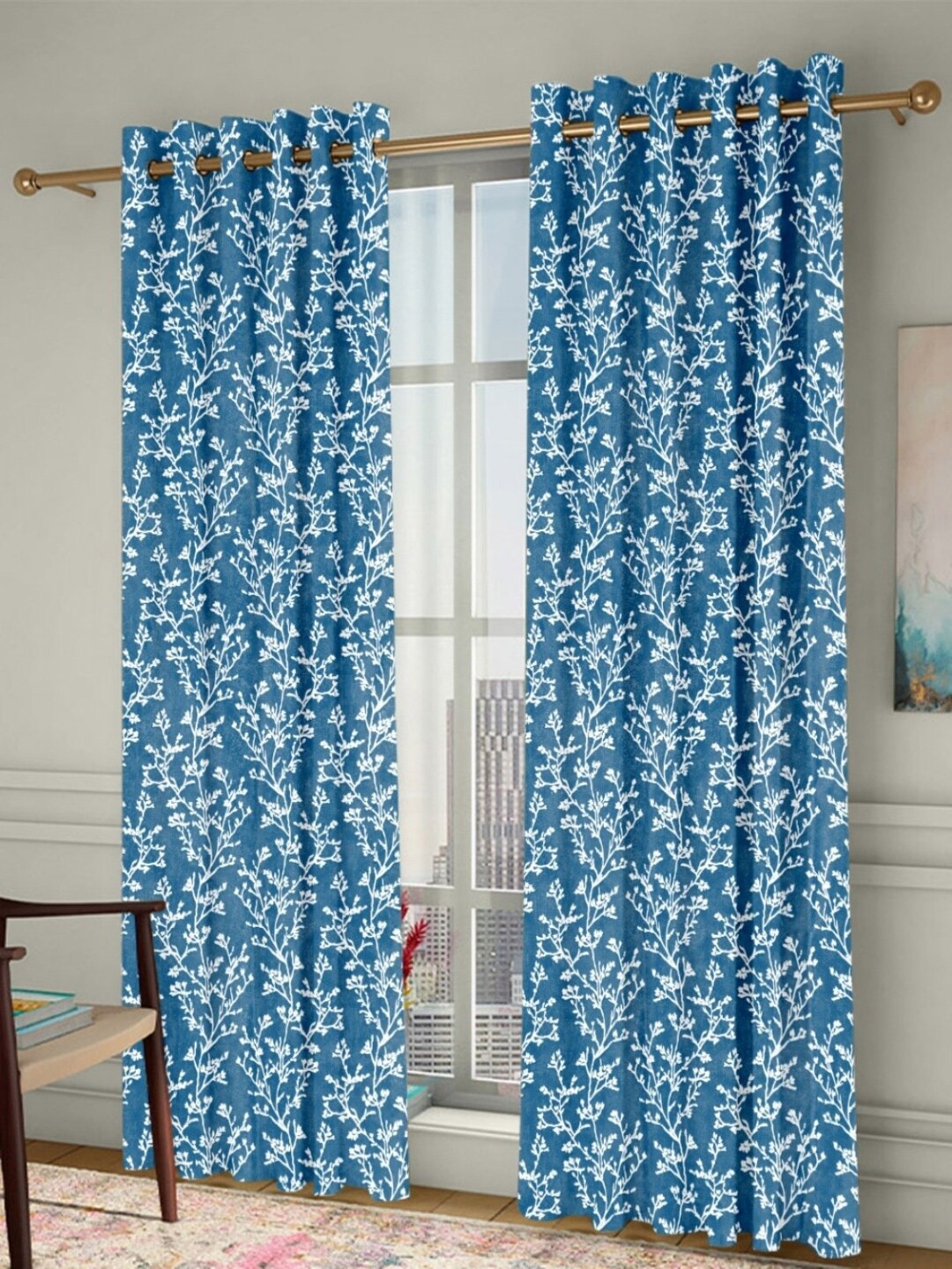 

Homefab India Chinar Blue & White 2 Pieces Floral Door Curtains