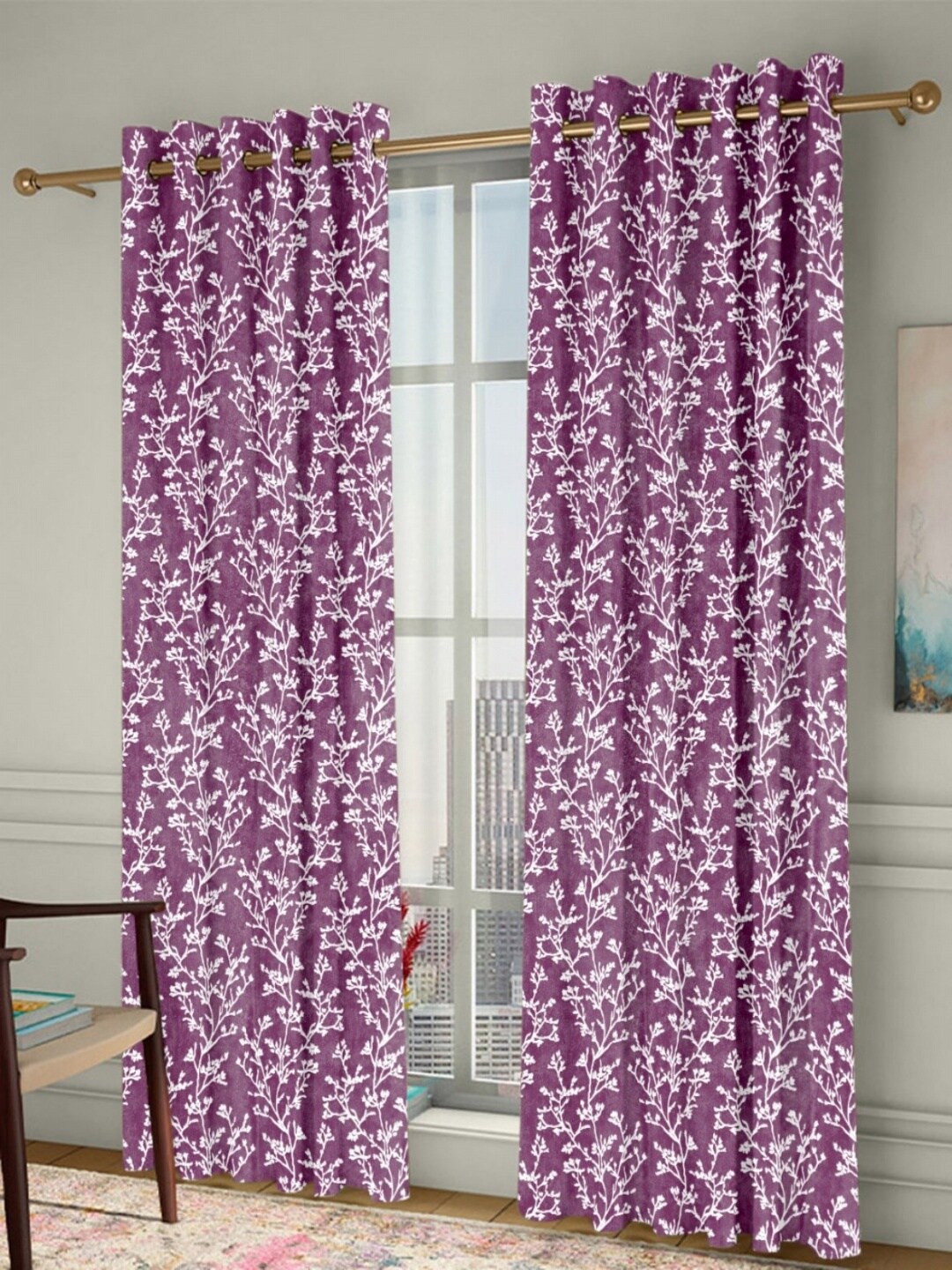 Homefab India Grommet Lavender & White 2 Pieces Floral Long Door Curtains