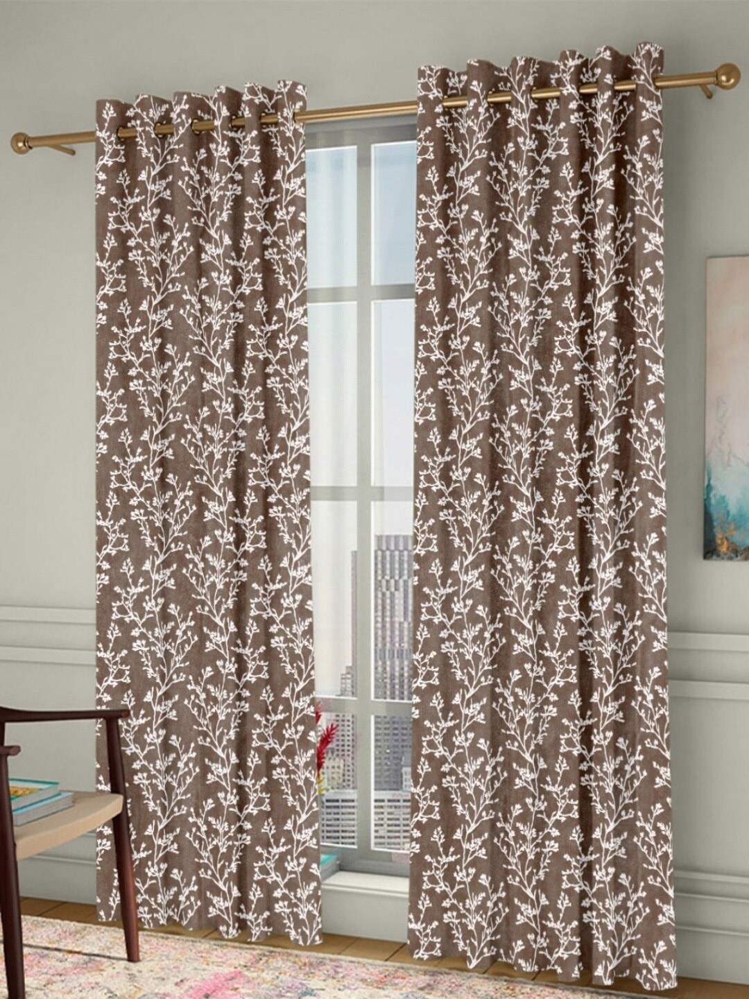 

Homefab India Grommet Brown & White 2 Pieces Floral Door Curtains