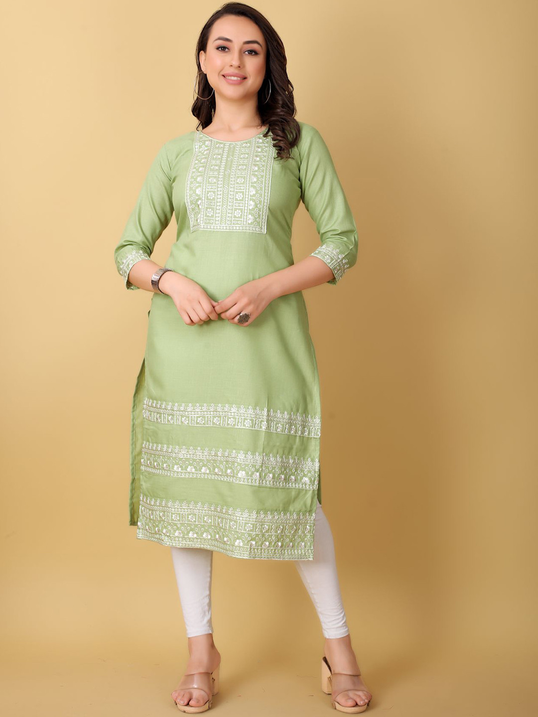 

VAIRAGEE Ethnic Motifs Thread Work Yoke Design Cotton Kurta, Lime green