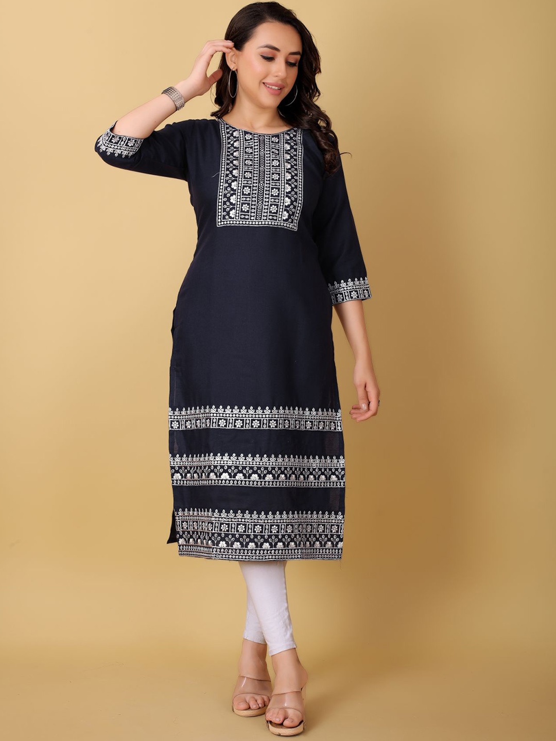 

VAIRAGEE Ethnic Motifs Thread Work Yoke Design Cotton Kurta, Navy blue