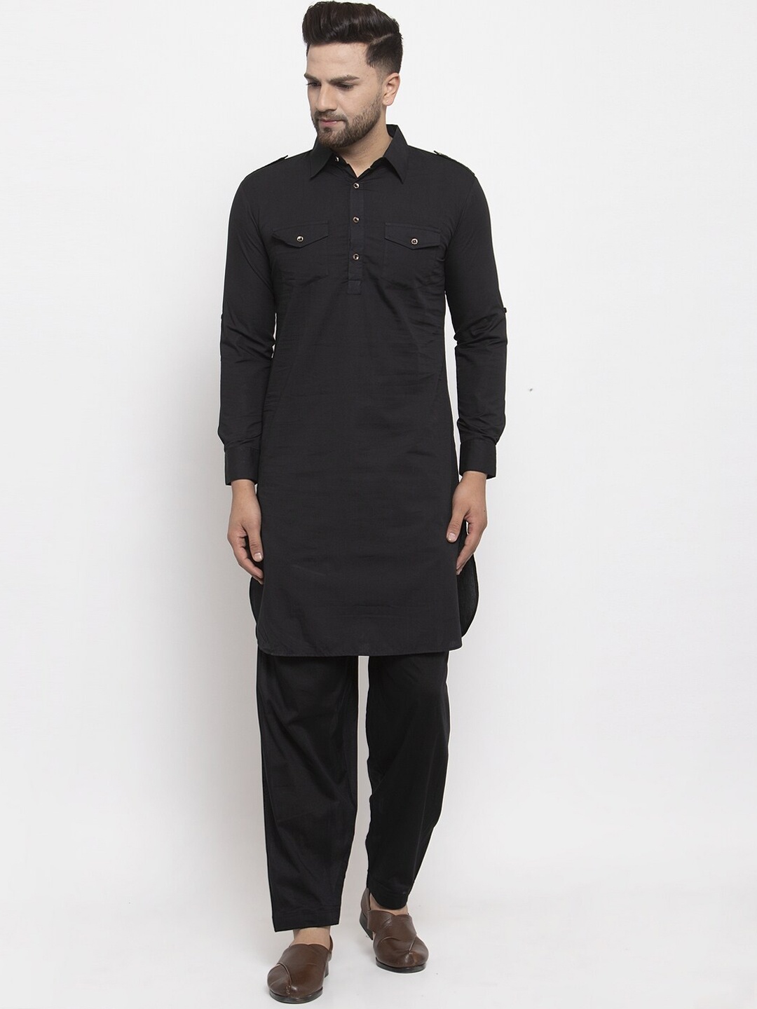 

Purple State Shirt Collar Pure Cotton Regular Pathani Kurta with Salwar, Black