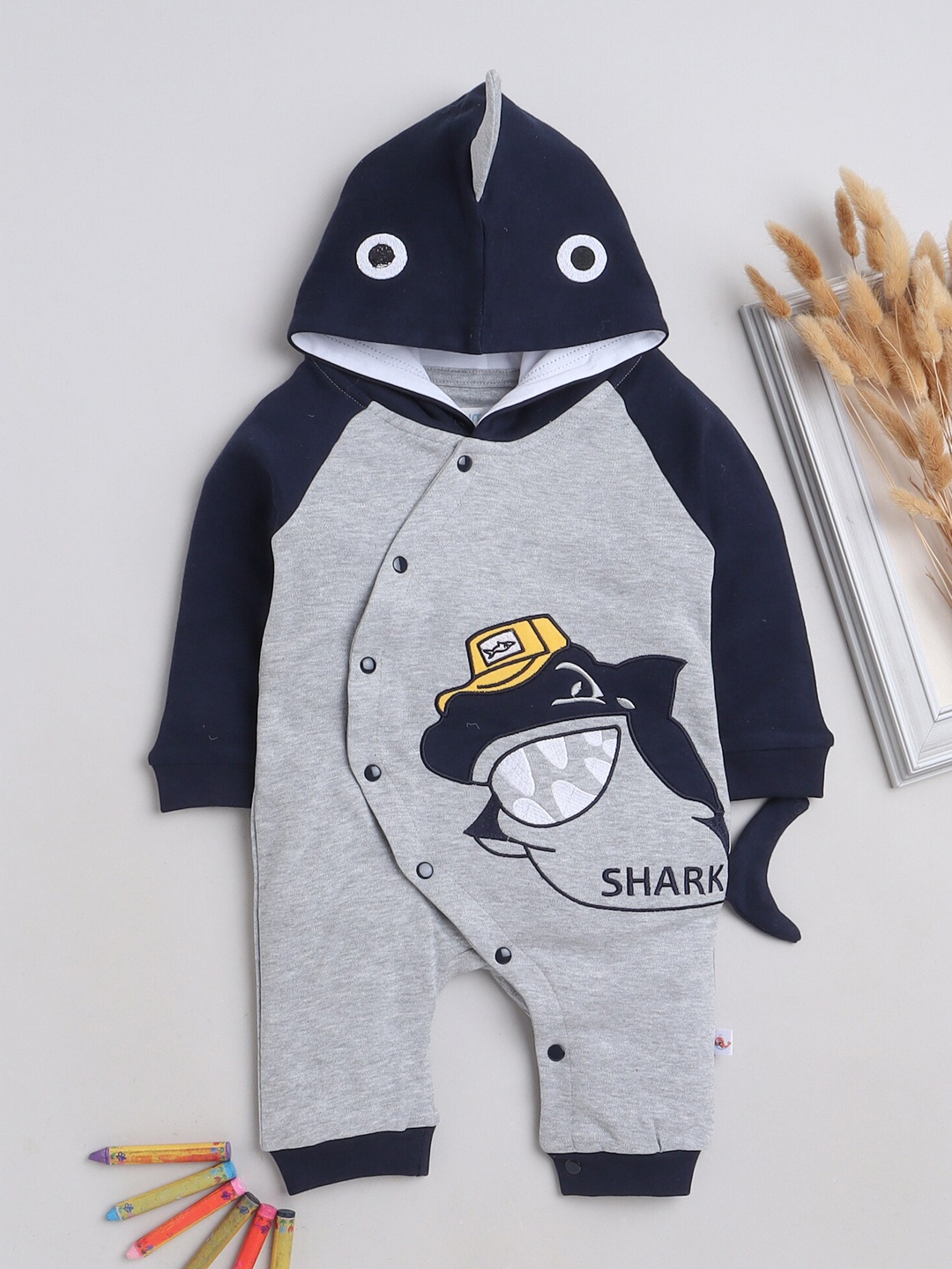 

BUMZEE Infant Boys Printed Cotton Hooded Rompers, Grey
