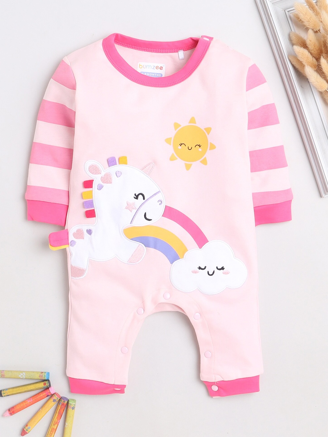 

BUMZEE Infant Girls Printed Pure Cotton Romper, Pink