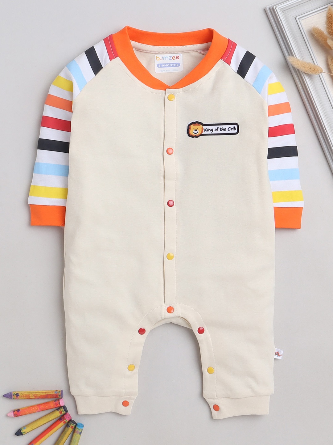 

BUMZEE Infant Boys Striped Pure Cotton Rompers, Beige