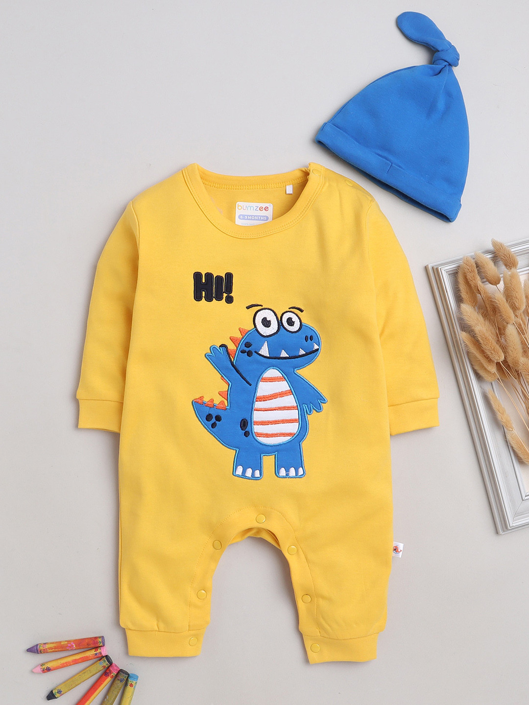 

BUMZEE Infant Boys Printed Pure Cotton Rompers With Cap, Yellow