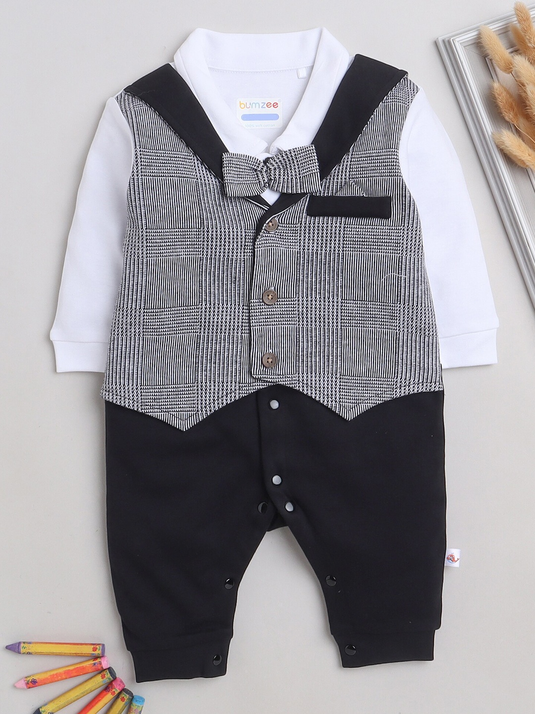 

BUMZEE Infant Boys Checked Pure Cotton Rompers, Black