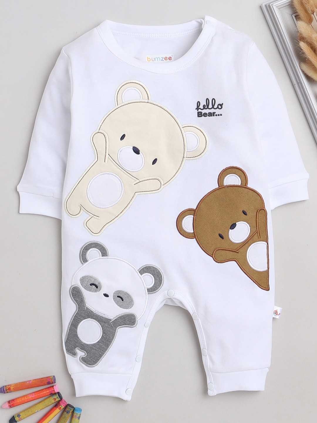 

BUMZEE Infant Boys Printed Cotton Rompers, White