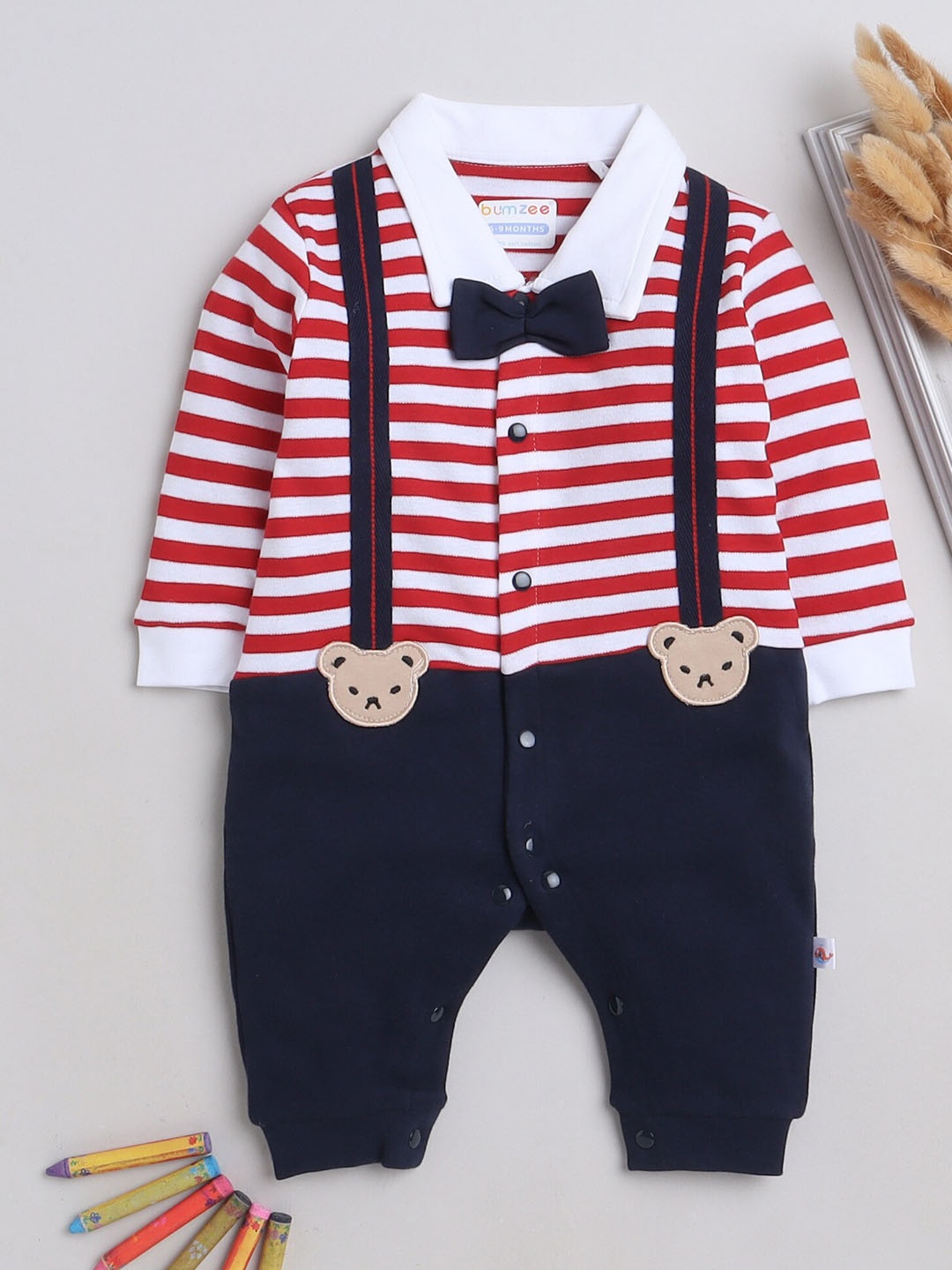 

BUMZEE Infant Boys Striped Cotton Rompers, Navy blue