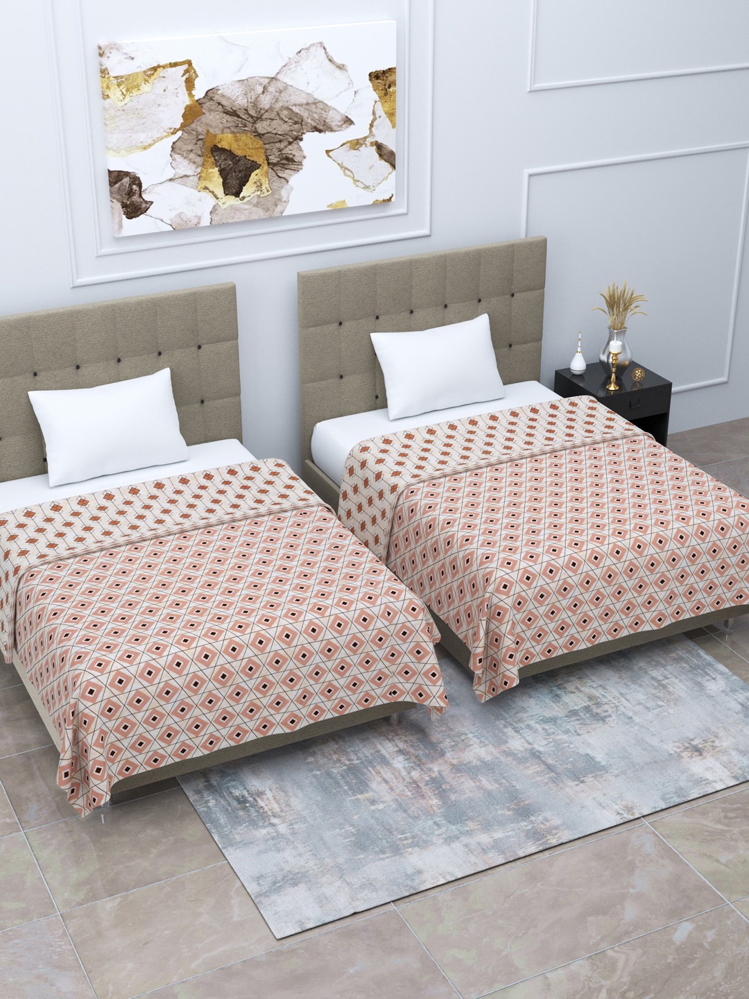 

Home Fresh Rosemary Peach & Off White 2-Pieces Geometric AC Room 210 GSM Single Bed Dohar