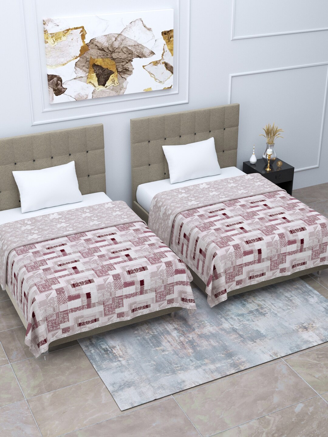 

Home Fresh Pink & Off White 2 Pieces Geometric AC Room Cotton 210 GSM Single Bed Dohar