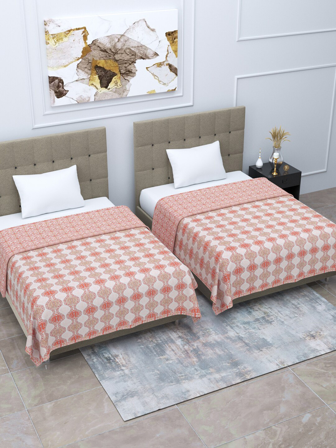 

Home Fresh Orange & White 2 Pieces Floral AC Room Cotton 210 GSM Single Bed Dohar