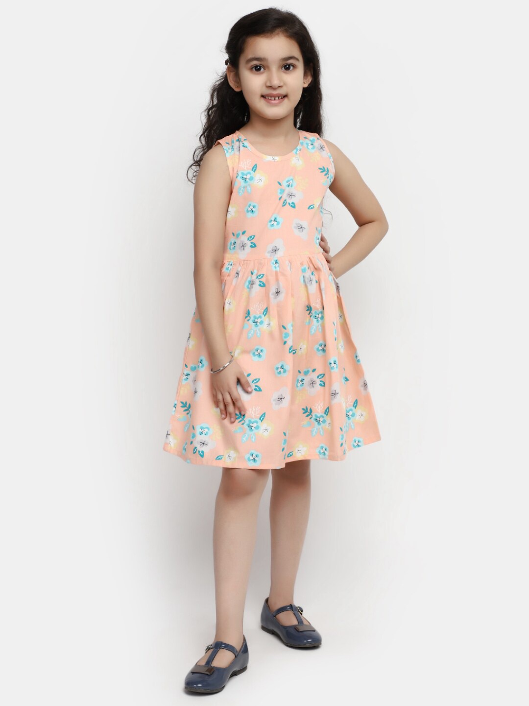 

V-Mart Girls Floral Printed Gathered Cotton Fit & Flare Dress, Pink