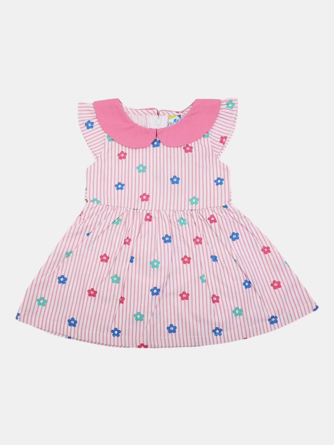 

V-Mart Infant Girls Striped Peter Pan Collar Gathered Cotton Fit & Flare Dress, Pink