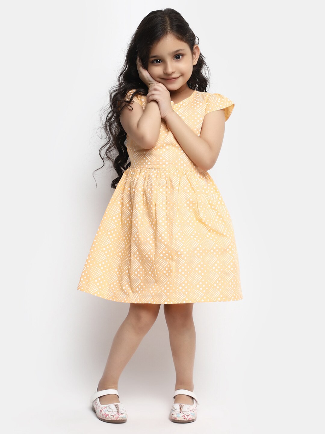 

V-Mart Girls Abstract Printed Gathered Cotton Fit & Flare Dress, Beige