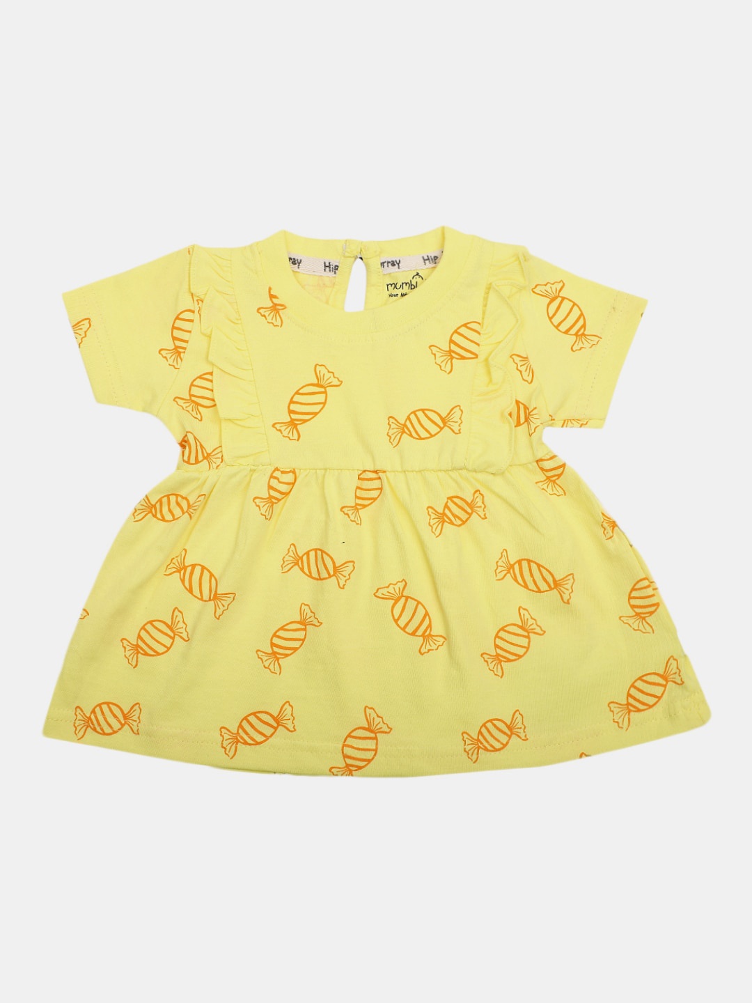 

V-Mart Girls Conversational Printed Gathered Detailed Cotton Fit & Flare Dress, Yellow