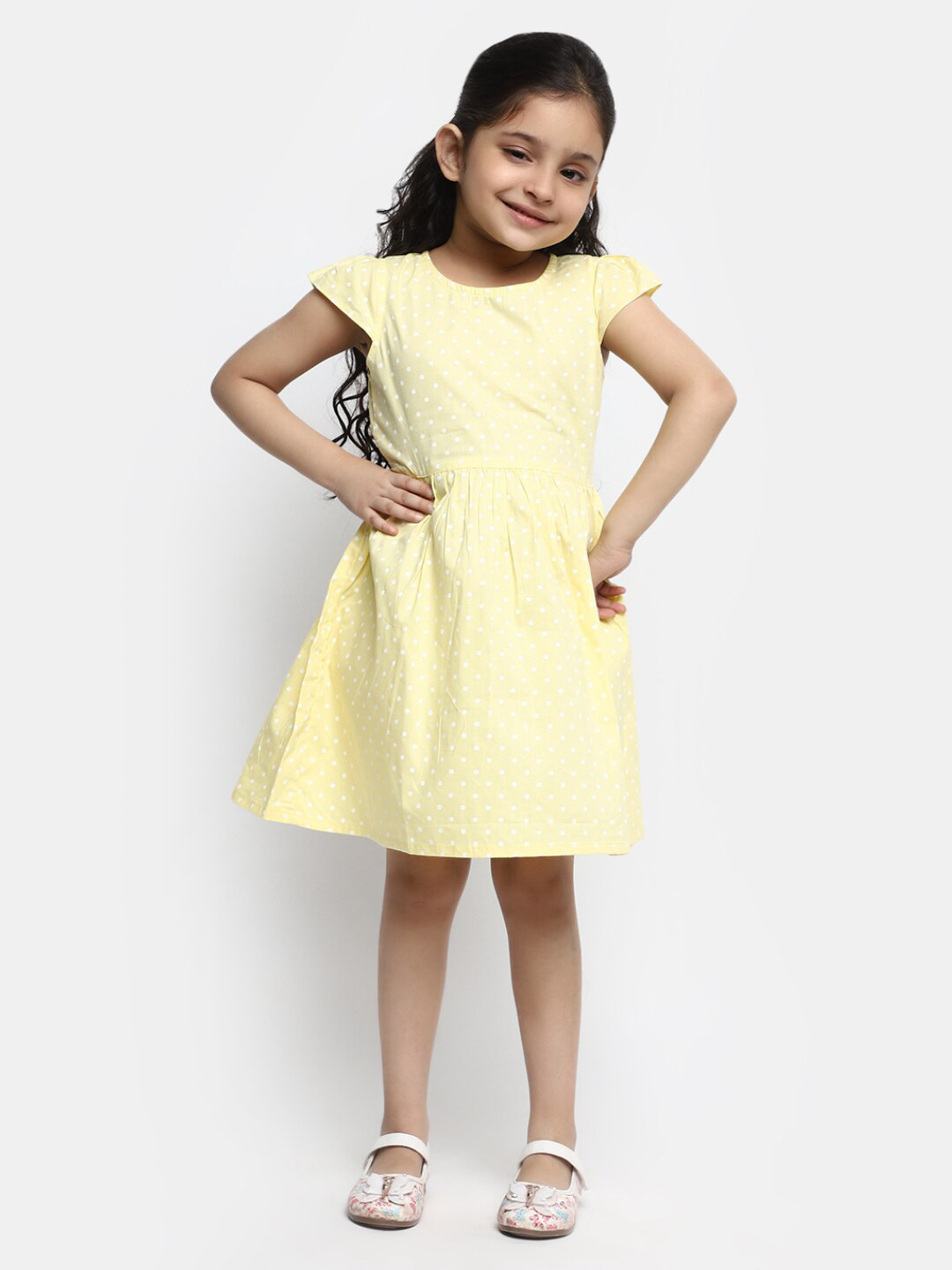 

V-Mart Girls Polka Dots Printed Gathered Cotton Fit & Flare Dress, Yellow