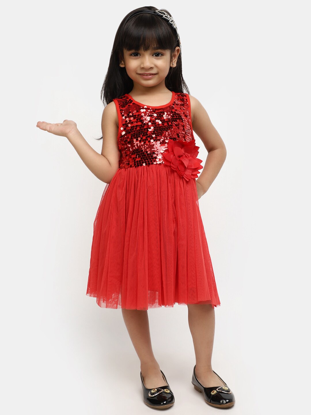

V-Mart Girls Embellished Sequined Cotton Fit & Flare Dress, Red