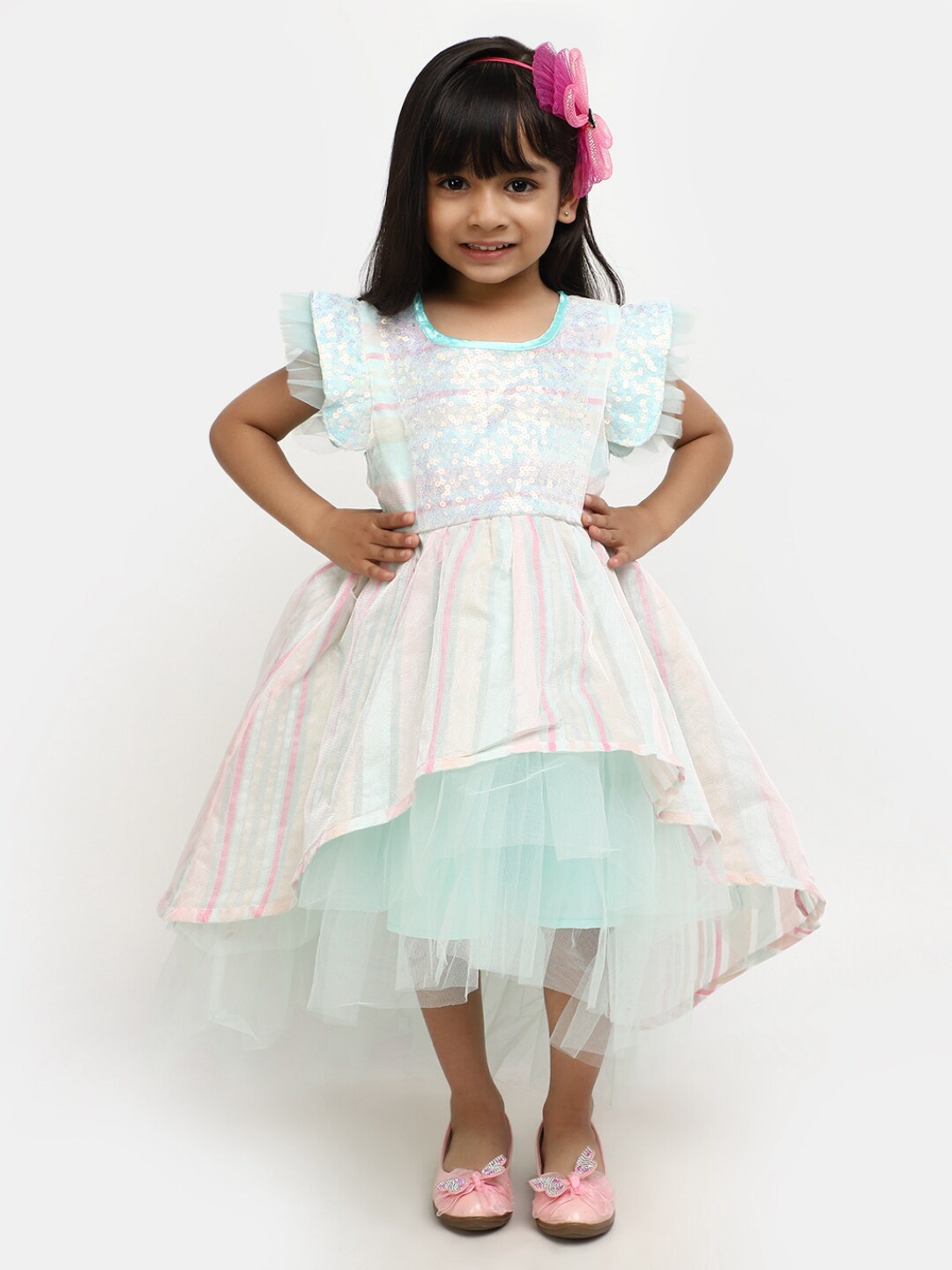 

V-Mart Girls Striped Flutter Sleeve Fit & Flare Dress, Green