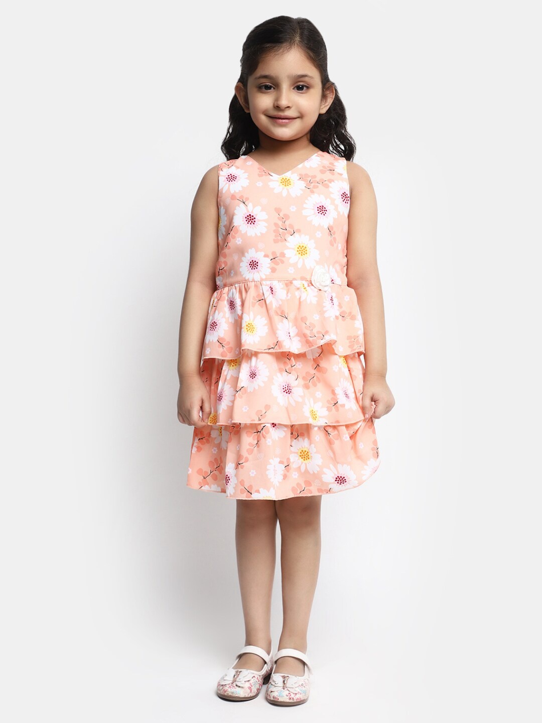 

V-Mart Girls Floral Printed Layered Cotton Fit & Flare Dress, Orange