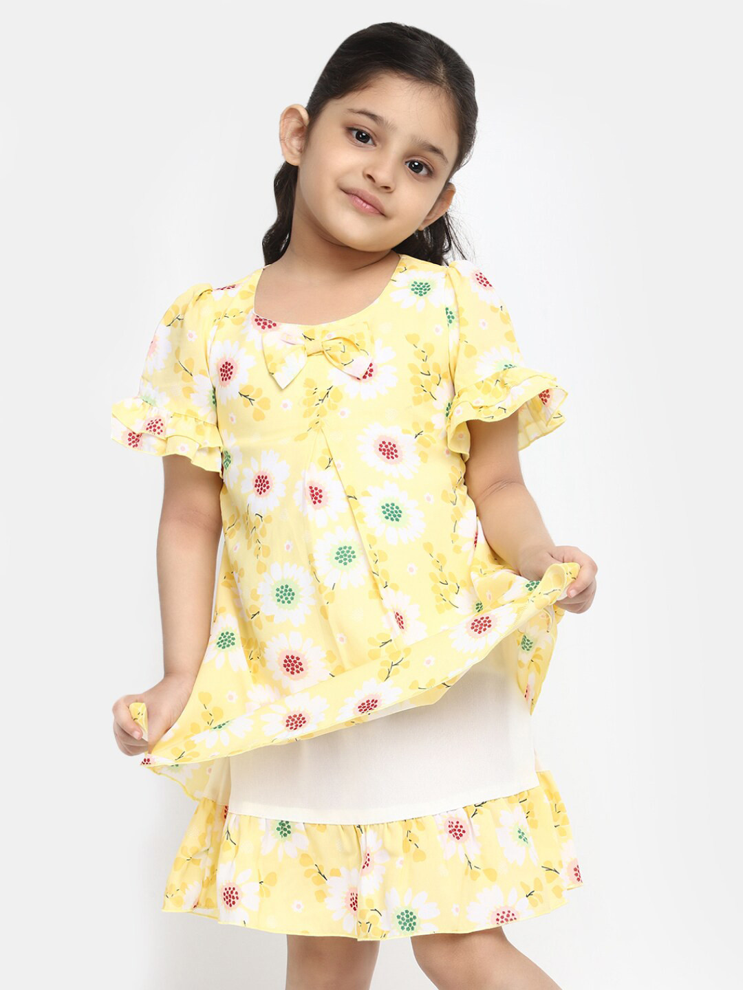 

V-Mart Girls Floral Printed Puff Sleeves Layered Cotton A-Line Dress, Yellow