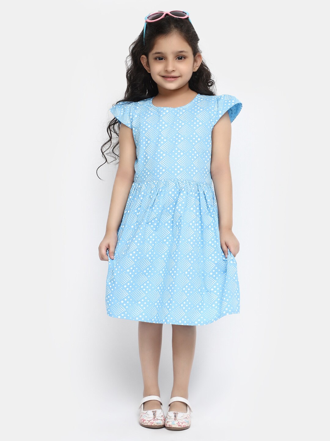 

V-Mart Girls Abstract Printed Cap Sleeves Cotton Fit & Flare Dress, Blue