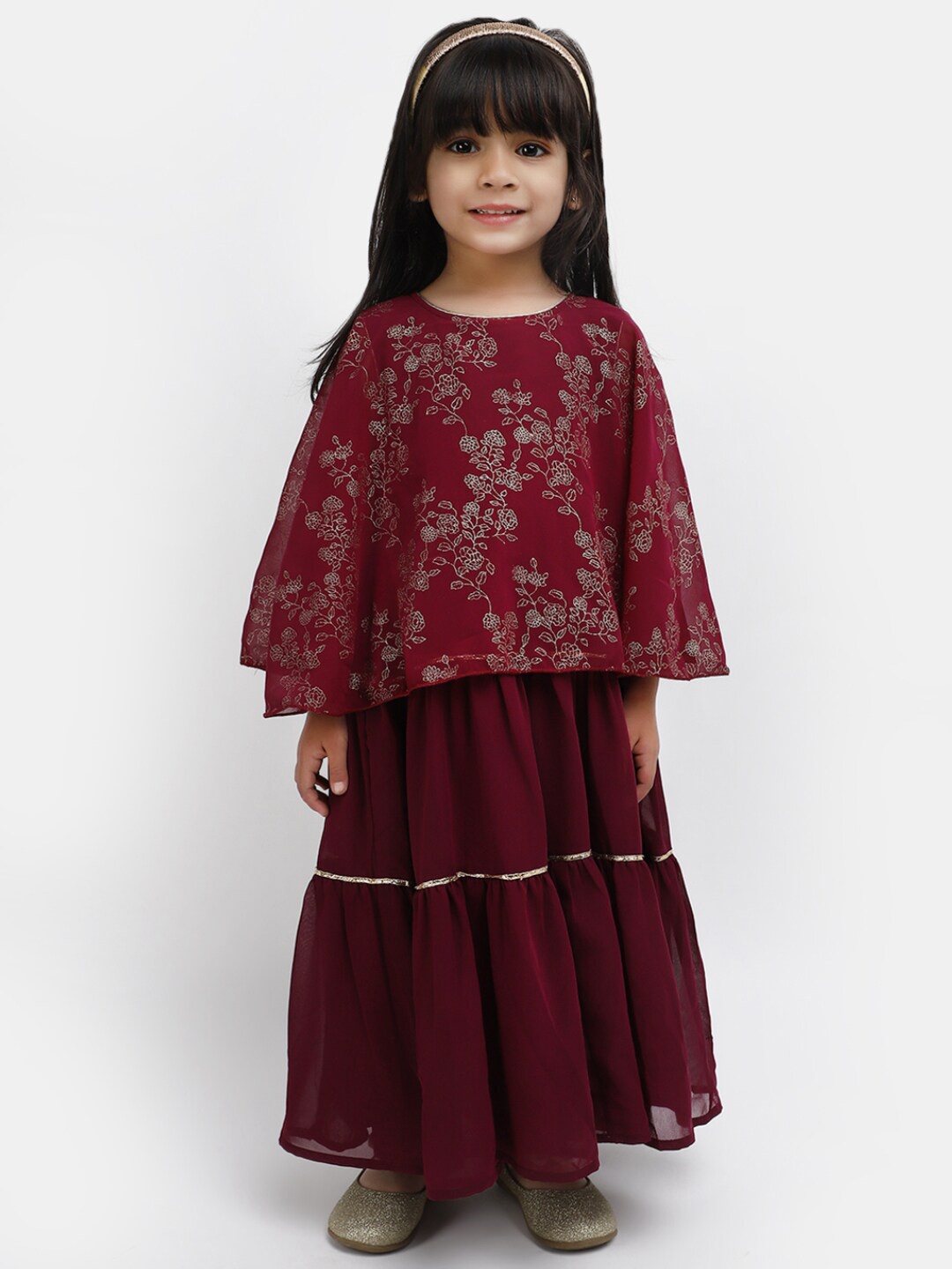 

V-Mart Girls Floral Printed A-Line Midi Dress, Maroon