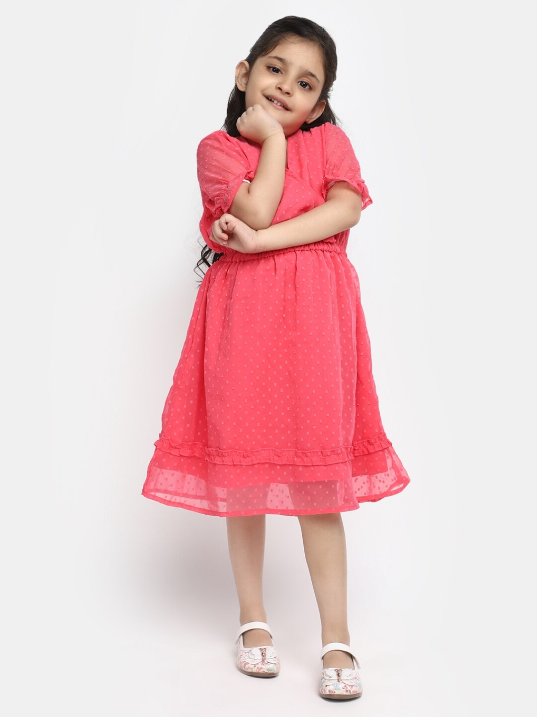 

V-Mart Girls Self Design Cuffed Sleeves Smocked A-Line Dress, Orange