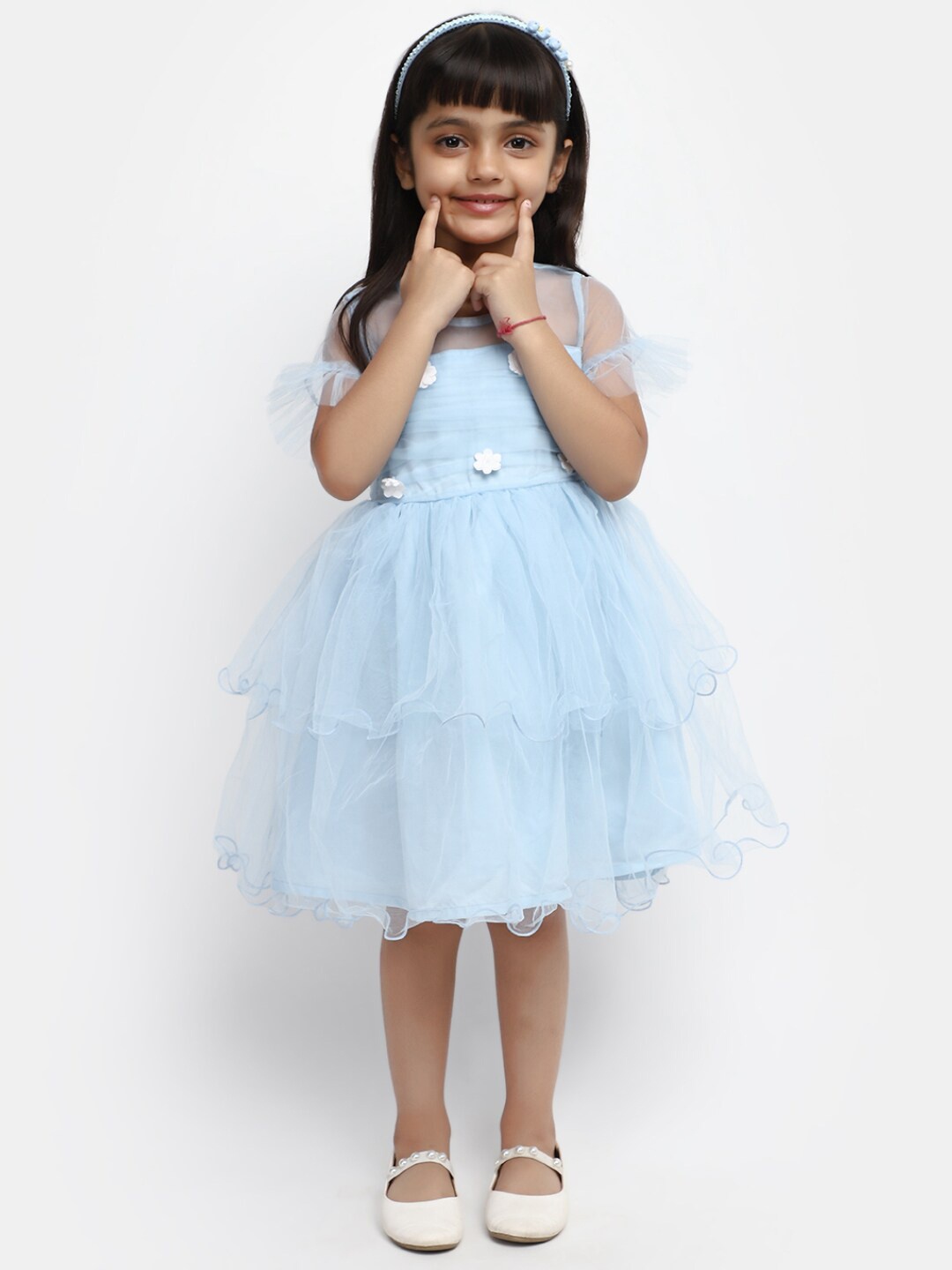 

V-Mart Girls Bell Sleeves Layered Cotton Fit & Flare Dress, Blue