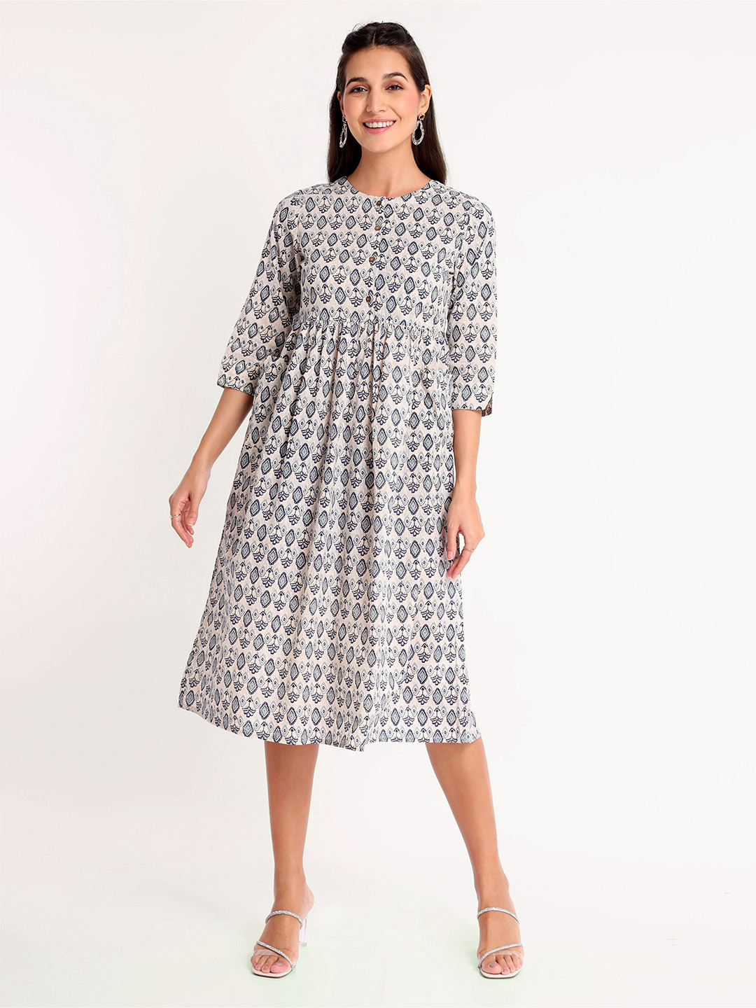 

Beyoung Floral Printed Gathered or Pleated Pure Cotton A-Line Midi Ethnic Dress, White