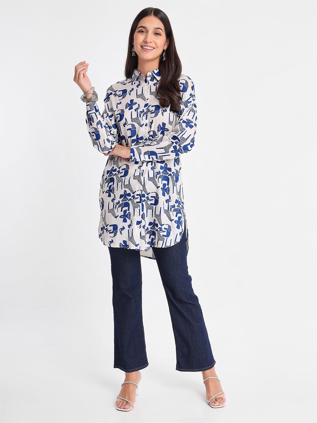 

Beyoung Animal Printed Shirt Collar Pure Cotton Kurti, White