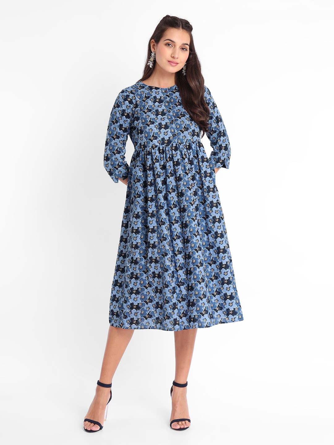 

Beyoung Floral Printed Gathered or Pleated Pure Cotton Fit & Flare Ethnic Dress, Blue