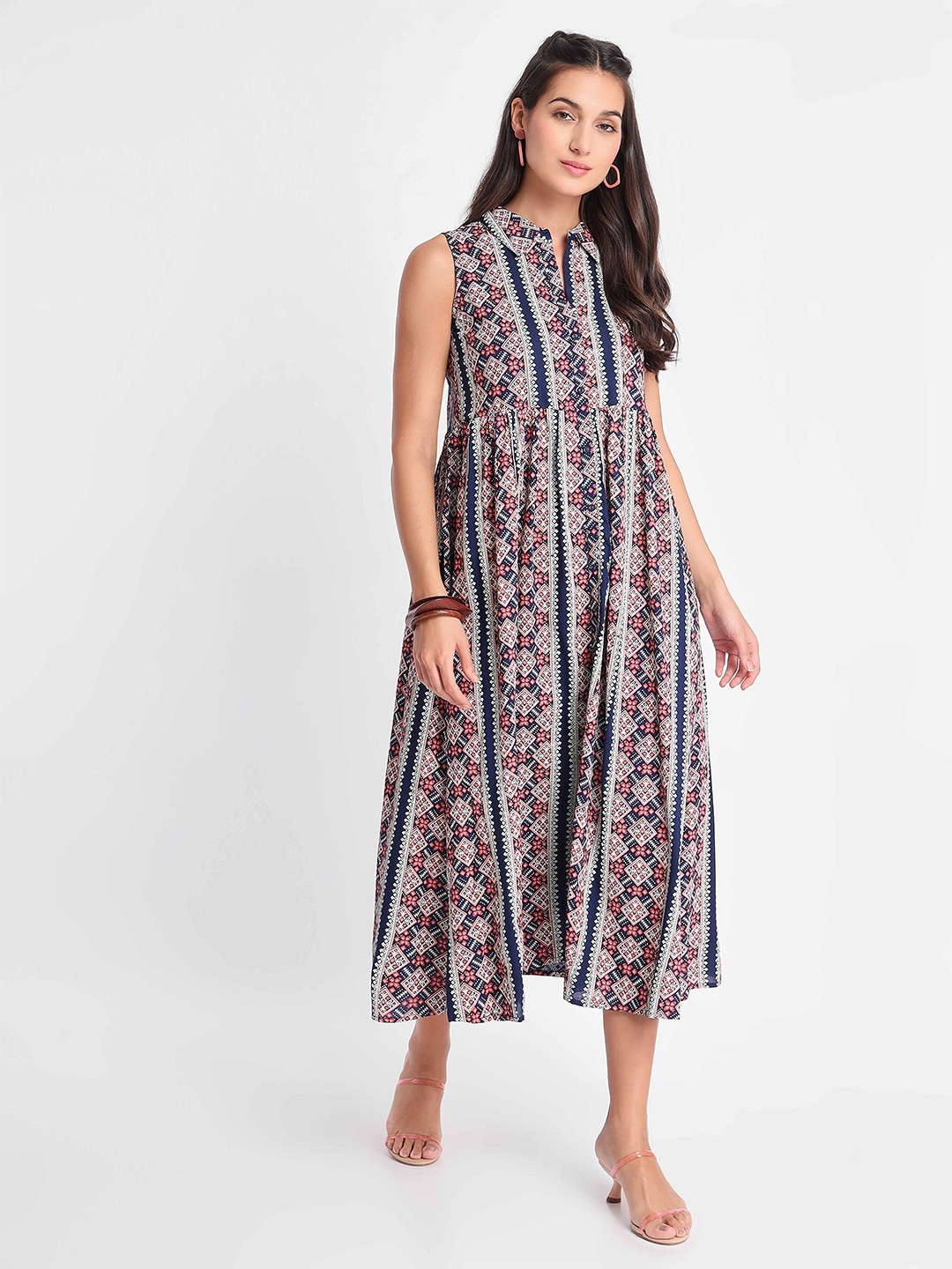 

Beyoung Floral Printed Shirt Collar Cotton Fit & Flare Ethnic Midi Dress, Blue