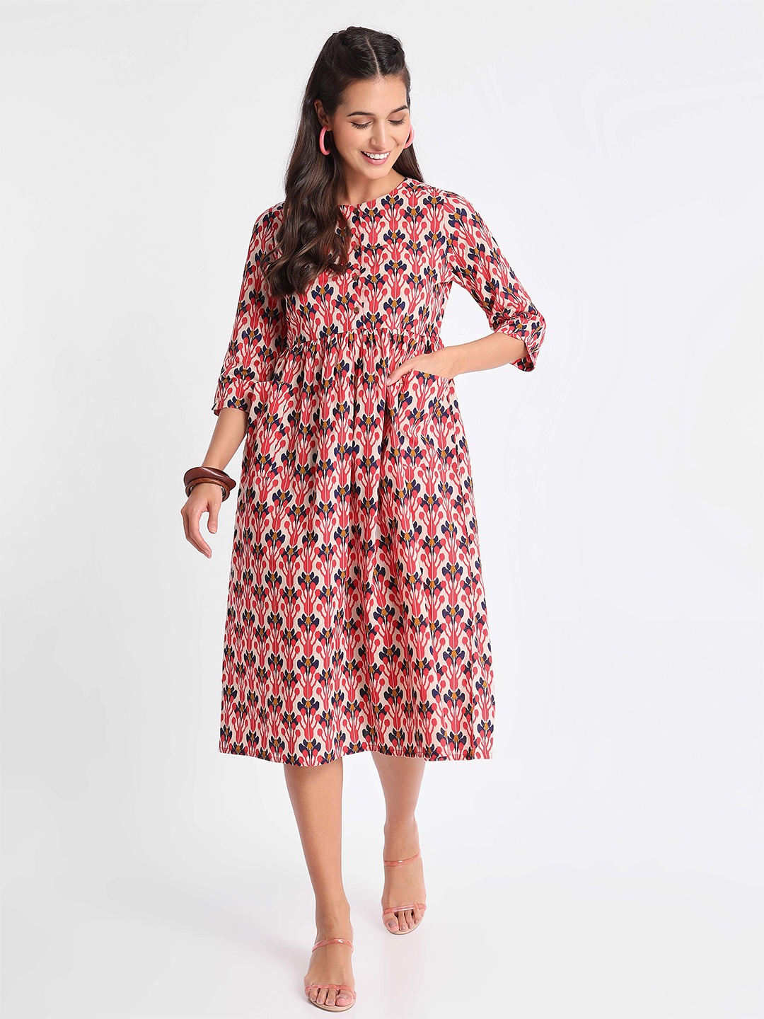 

Beyoung Floral Printed Pure Cotton A-Line Midi Ethnic Dress, Pink