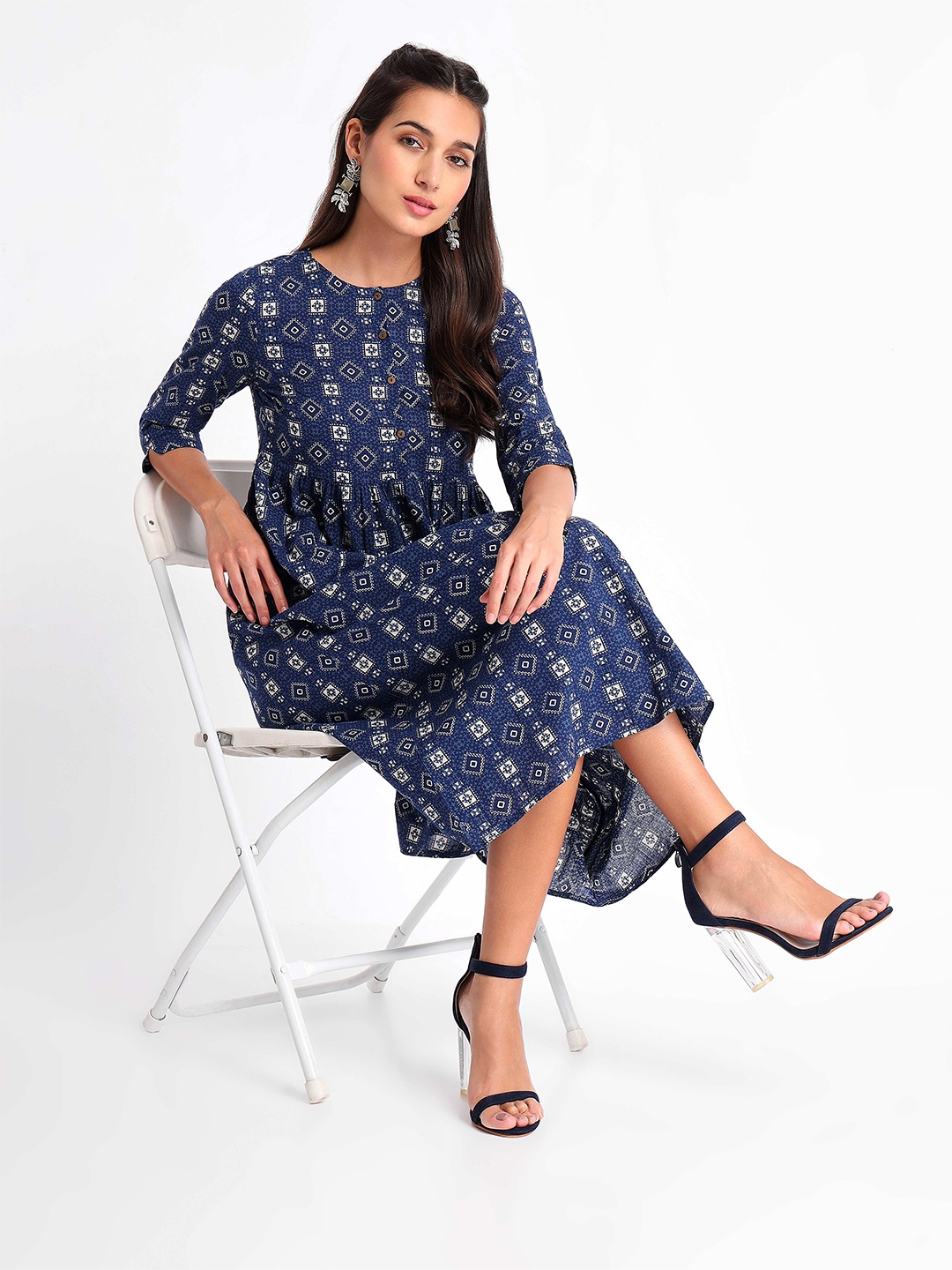 

Beyoung Printed Pure Cotton A-Line Midi Ethnic Dress, Blue