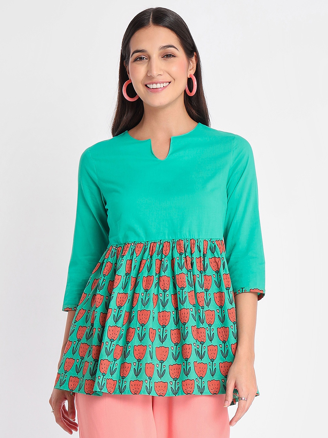 

Beyoung Floral Printed A-Line Pure Cotton Top, Turquoise blue