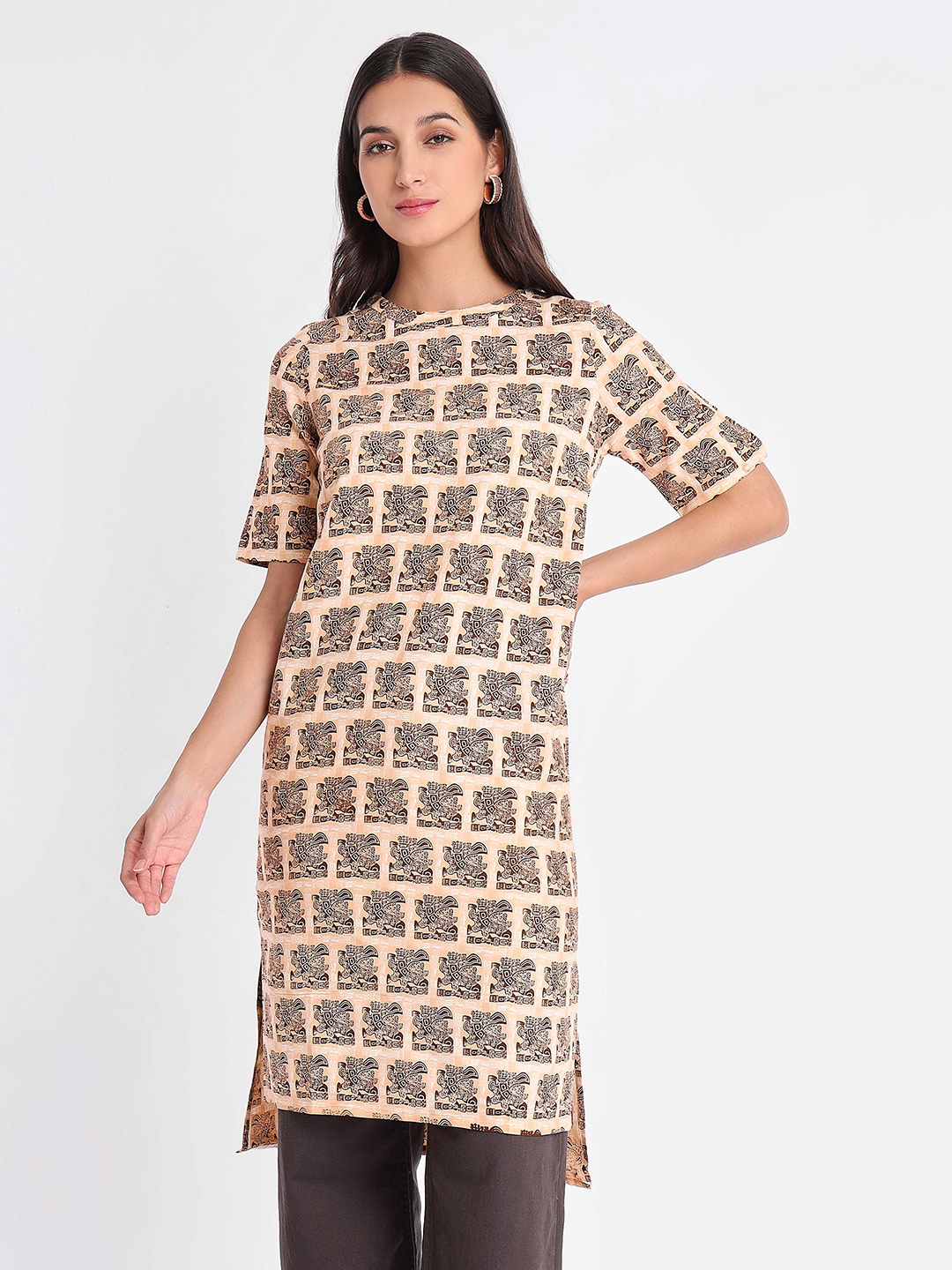 

Beyoung Abstract Printed Boat Neck Cotton Straight Kurta, Grey