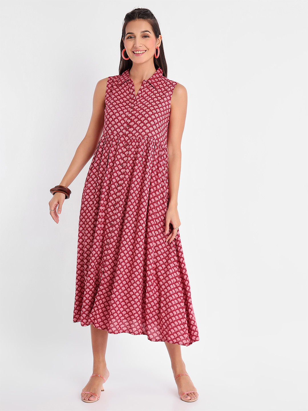 

Beyoung Floral Printed Shirt Collar Pure Cotton Fit & Flare Midi Ethnic Dress, Red