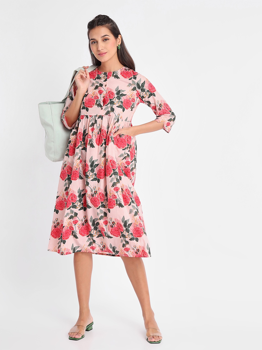 

Beyoung Floral Printed Gathered or Pleated Cotton Fit & Flare Ethnic Dress, Pink