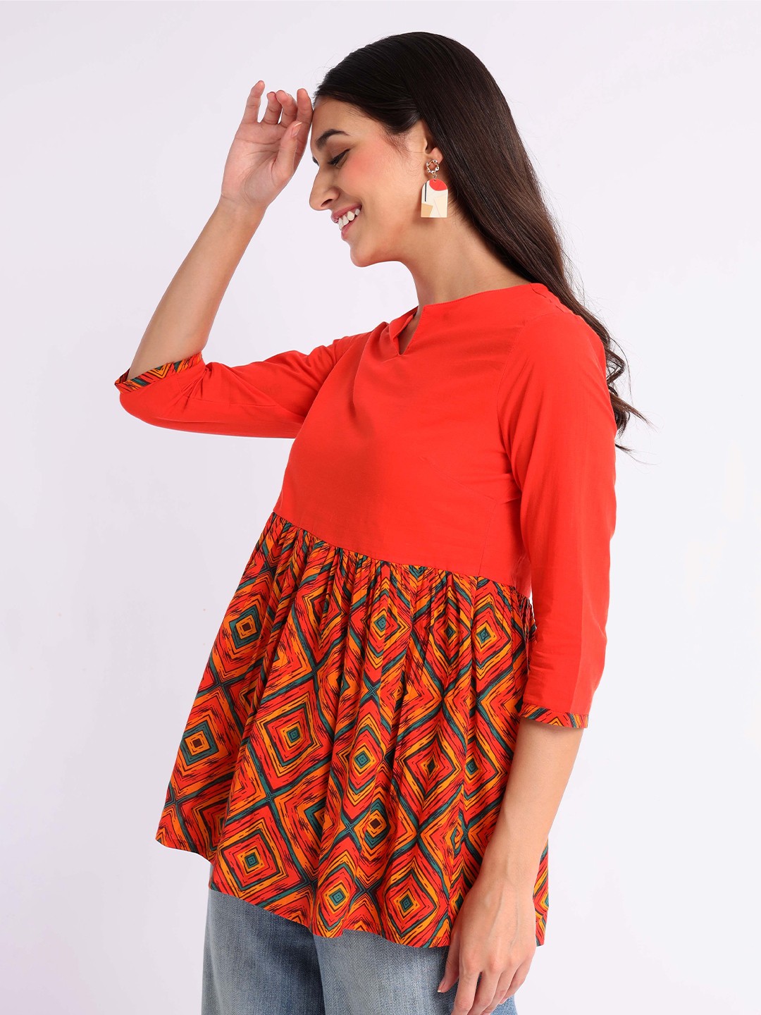 

Beyoung Abstract Printed A-Line Pure Cotton Top, Orange