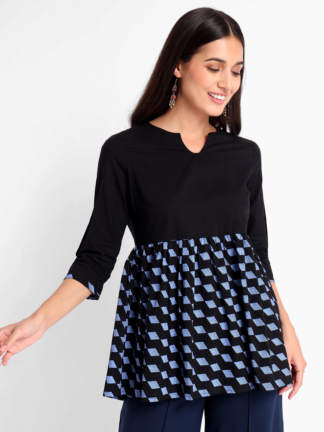 

Beyoung Checked A-Line Gathered Pure Cotton Top, Black