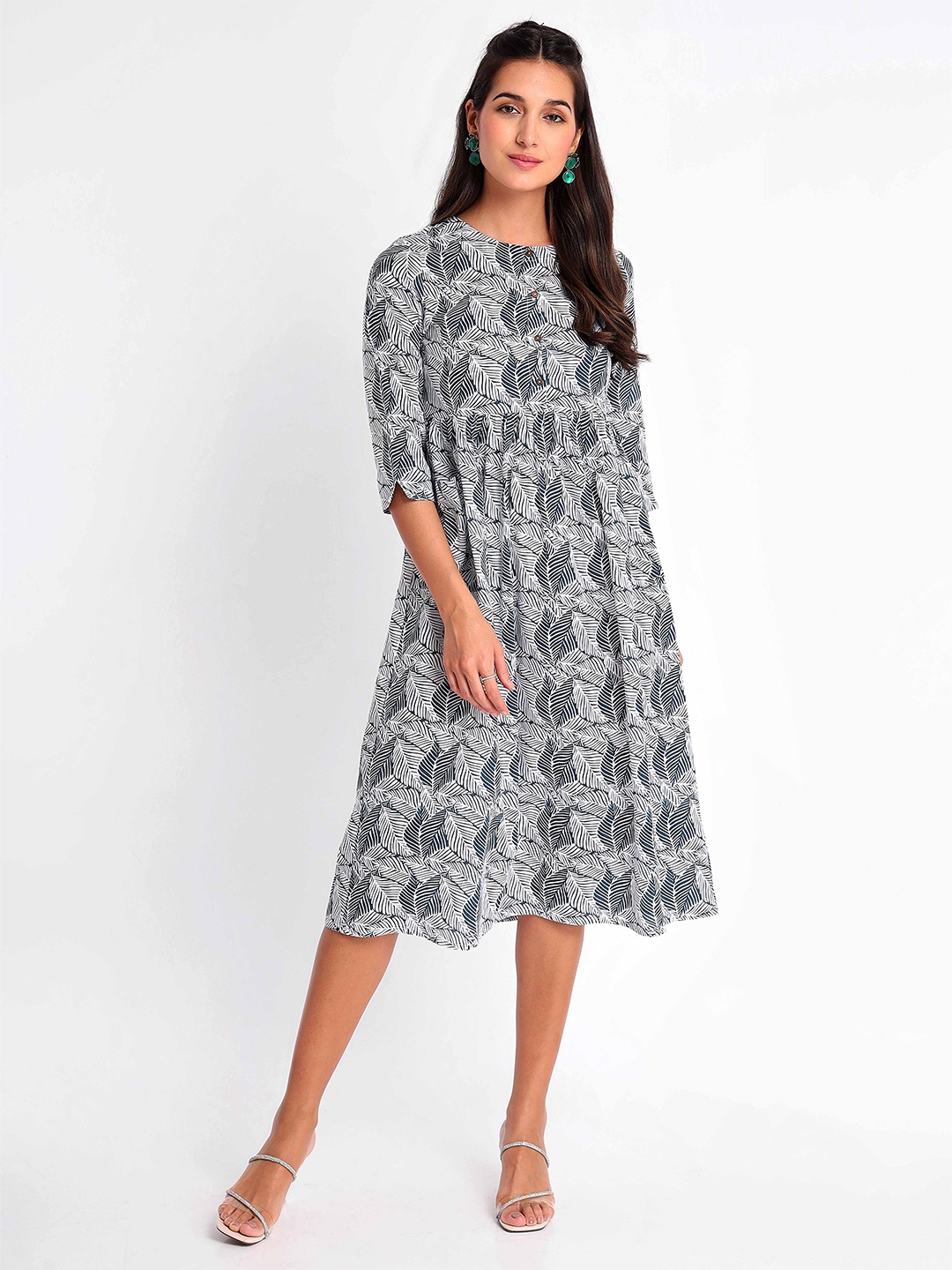 

Beyoung Leaf Printed Pure Cotton A-Line Midi Ethnic Dress, White