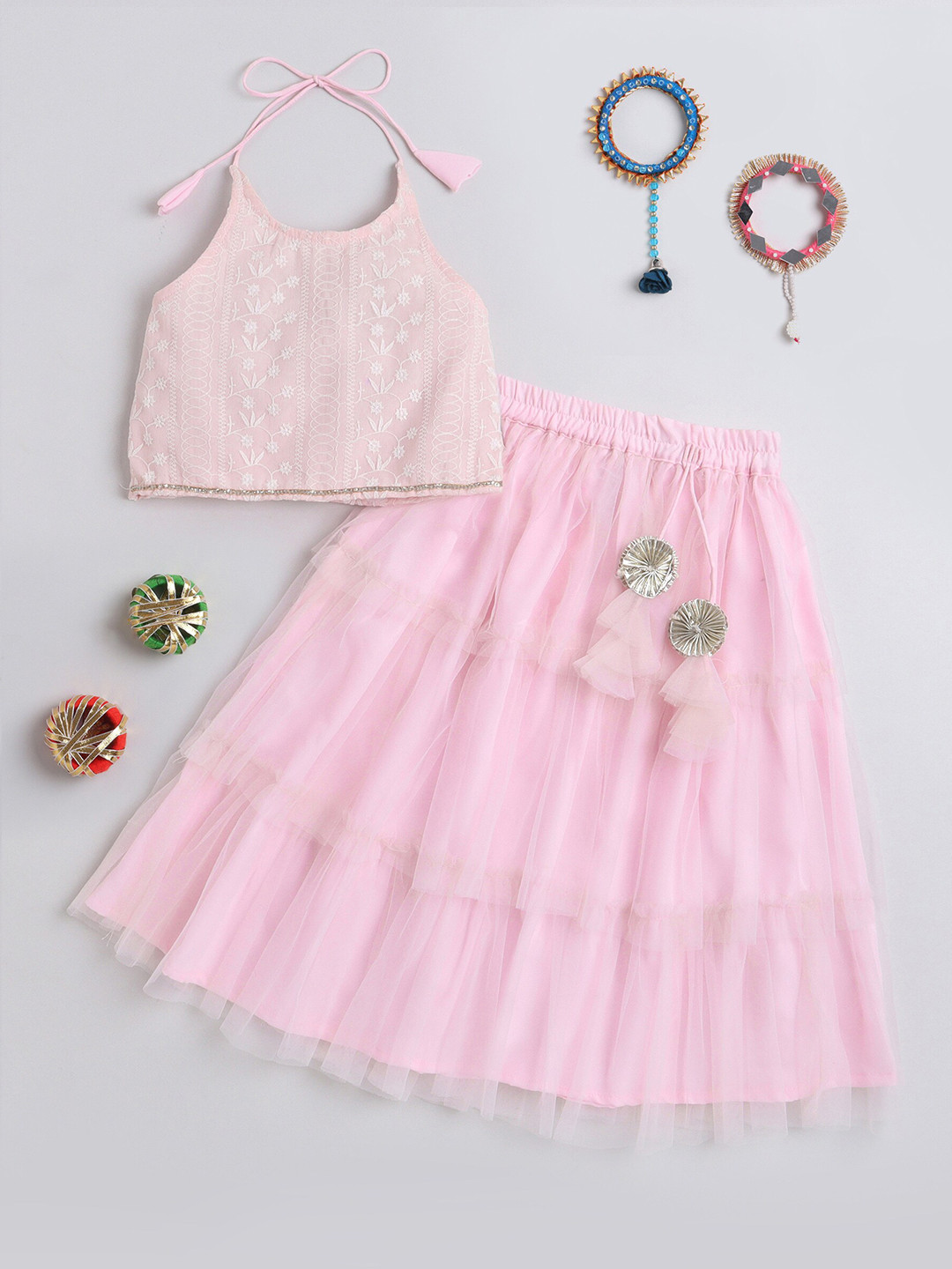 

The Magic Wand Embroidered Halter Neck Ethnic Top & Skirt, Pink