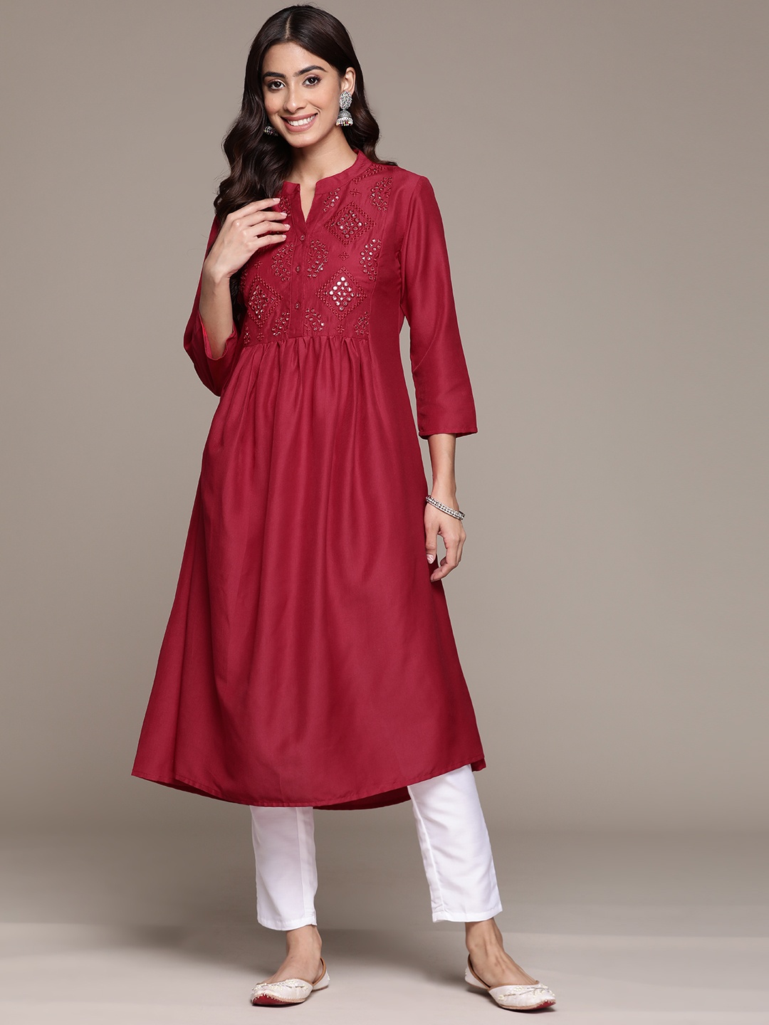 

Ishin Embroidered Mandarin Collar Mirror Work Kurta, Magenta