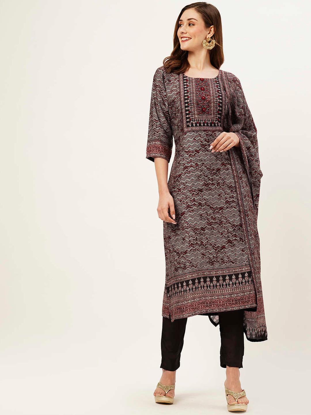 

ZOLA Chevron Printed Beads And Stones Kurta with Trousers & With Dupatta, Brown