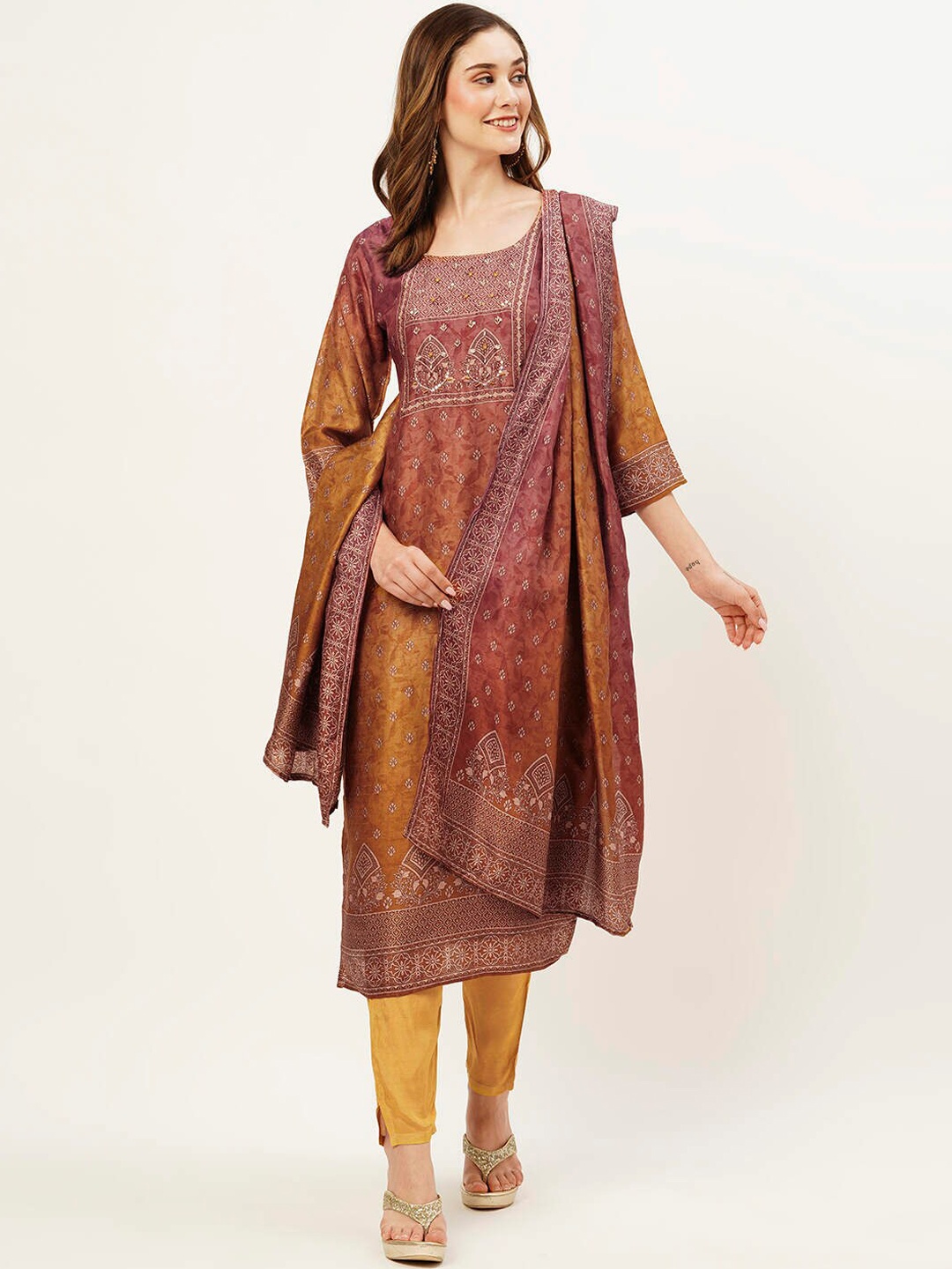 

ZOLA Floral Printed Kurta Beads & Stones with Trousers & With Dupatta, Rust